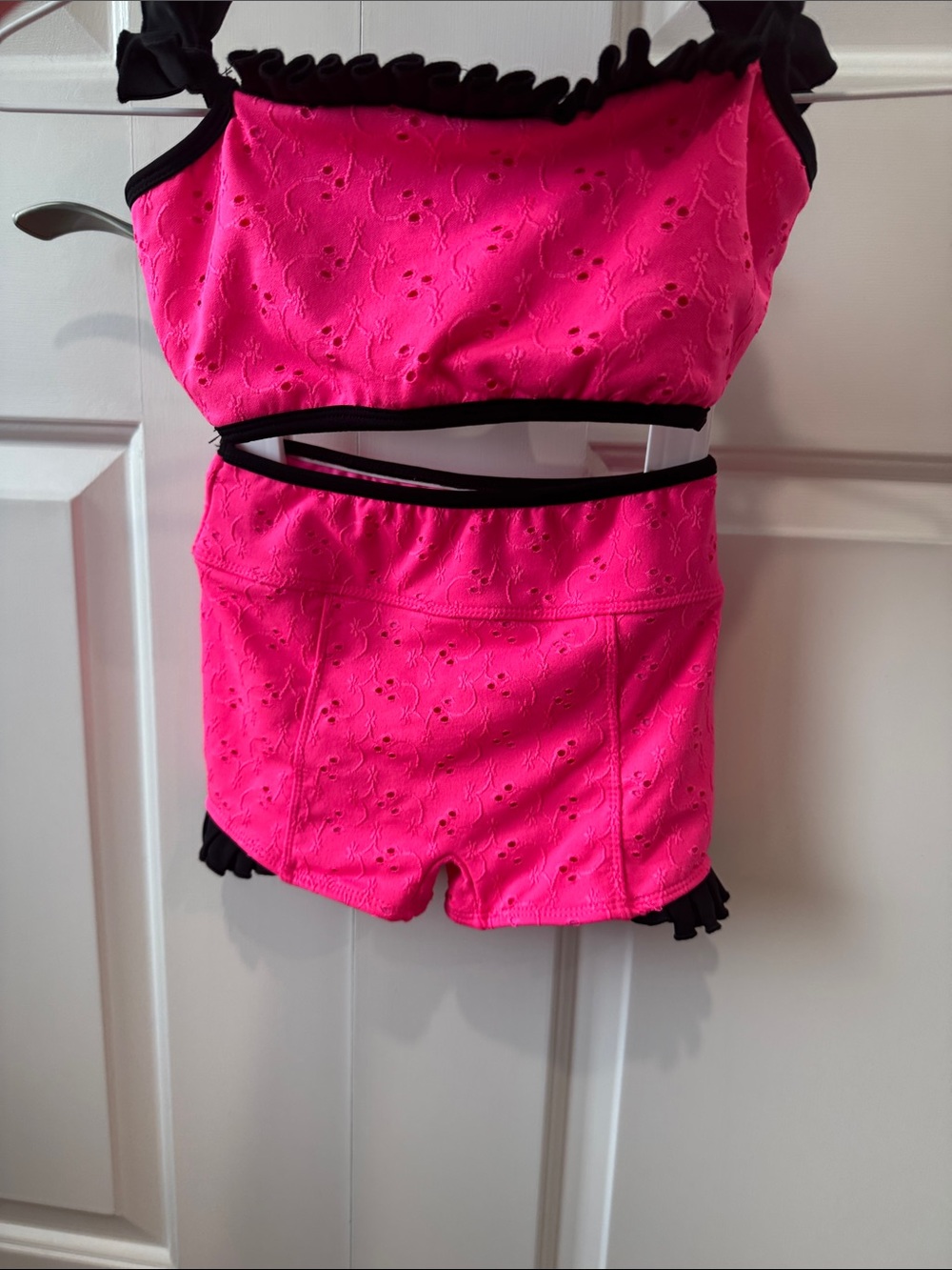 Kids Two-Piece Eyelet Dance Set - Hot Pink with Black Trim